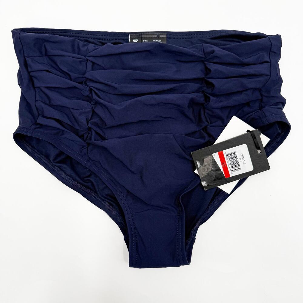 DKNY Bikini Bottoms SZ Extra Small Ruched High Waist Navy Blue NWT Swim Classic